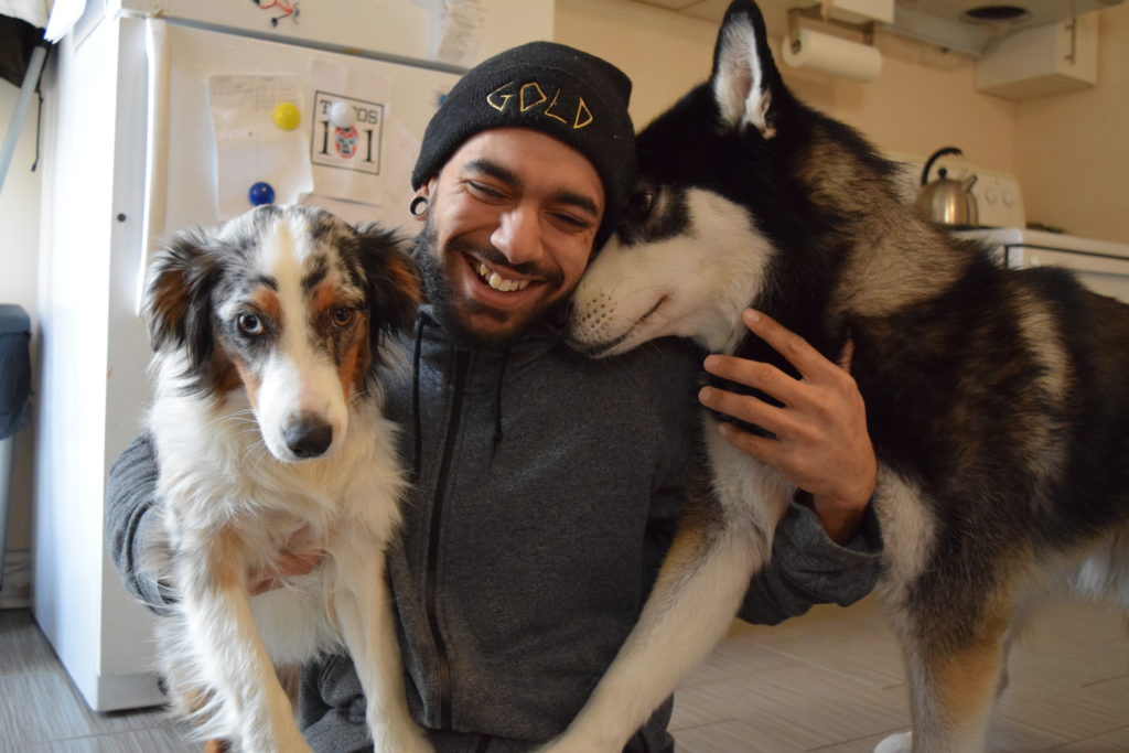 Man hugging two dogs on the floor